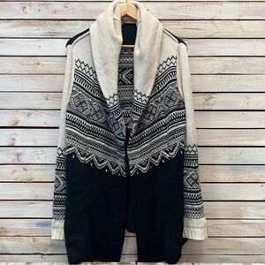 NYDJ Fair Isle Knit Shawl Collar Cardigan Sweater Nordic Boho Black White‎ Small